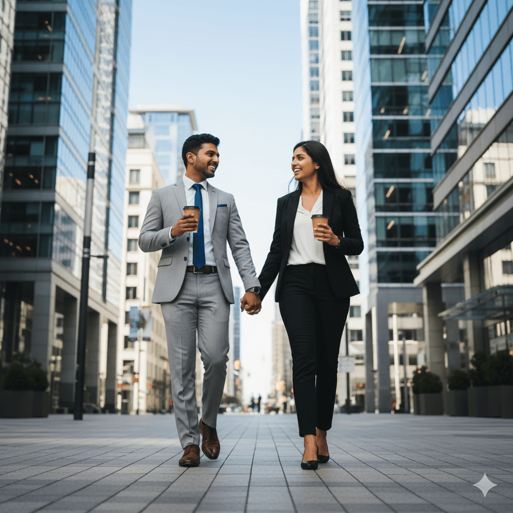 Happy couple using the CorpoDates app on their phones